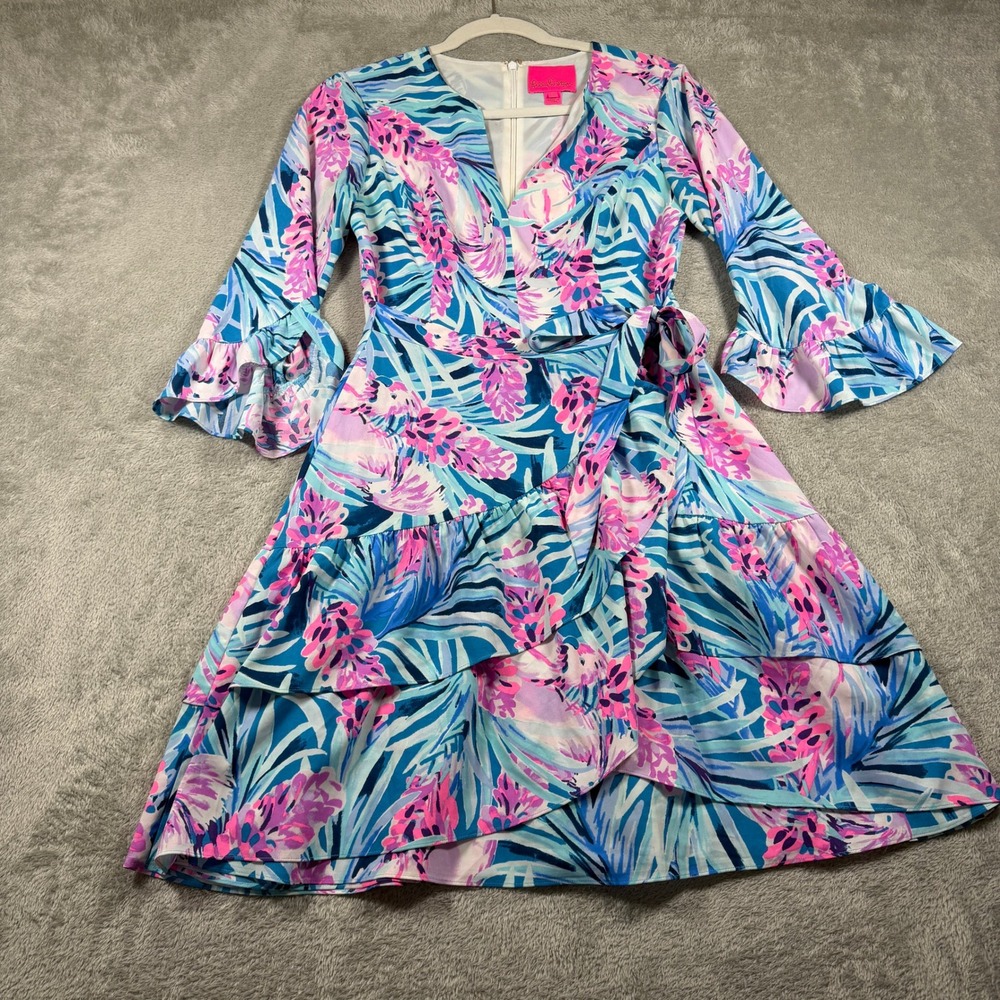 Lilly Pulitzer Laeda Stretch Dress Womens Small Blue Pink Tropical Tiered Wrap